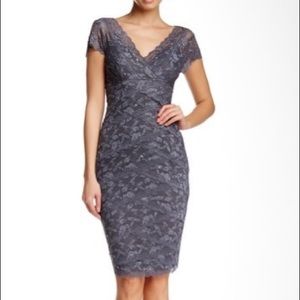 Marina Surplice Beaded Lace Cocktail Dress